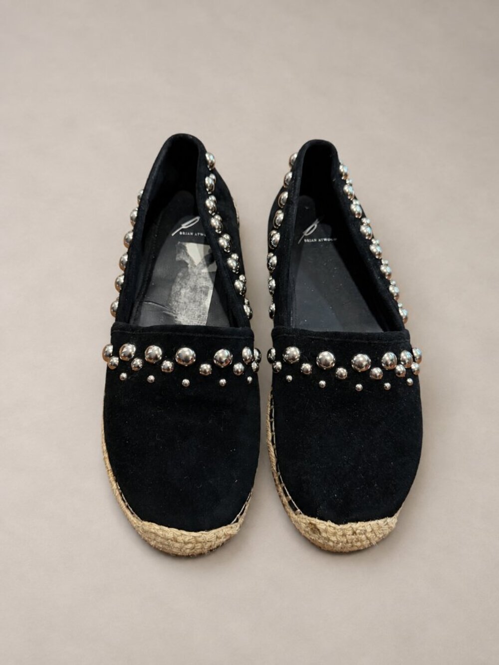 B Brian Atwood Eli Studded Black Suede Espadrille Flats Women 9.5 Silver